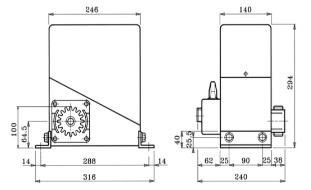 Dimensiones en mm del motor para puertas correderas GIBIDI PASS 2500 Dimensiones pass 2500