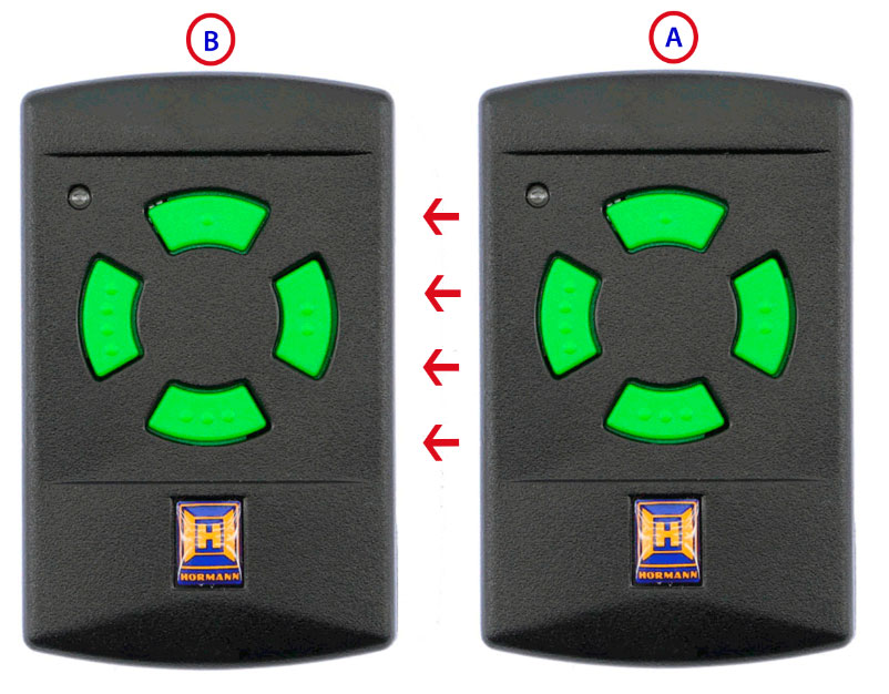 Ejemplo de colocación de los emisores Hörmann HSM 4 26.975MHz para una correcta codificación del nuevo mando a distancia Memorización del mando de garaje HSM4 cuarzo