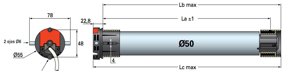 Dimensiones del motor tubular SIMU T5 HZ 50/12