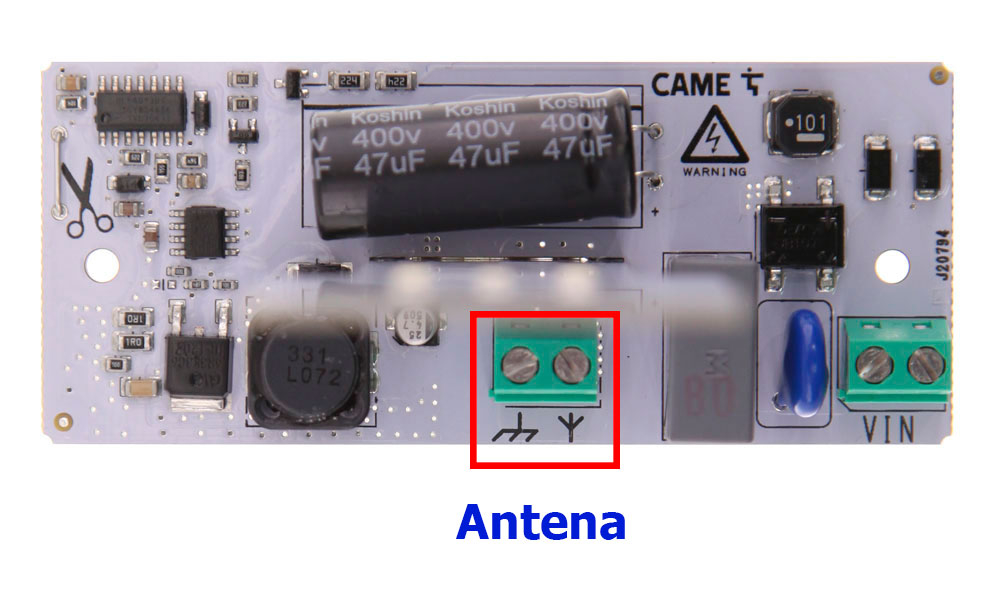 Placa electrónica de la lámpara CAME KRX1FXSW con antena incluida. Placa electrónica KRX1FXSW